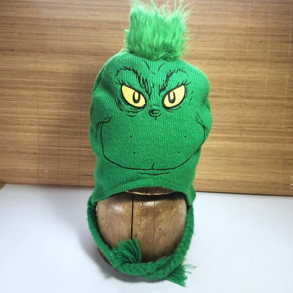 The Grinch Beanie Hat Green Knit Fleece Lined Braids Unisex One Size Dr Seuss - Picture 2 of 12